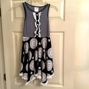 Girls Navy & White knit dress with white eyelet trim-Sz 7